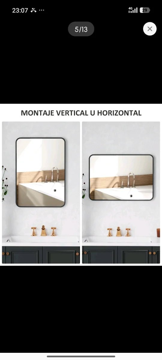 Espejo Metálico Rectangular Negro Baño/Recibidor