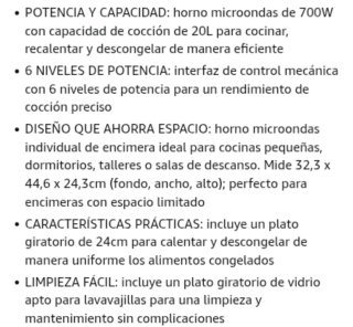 Microondas Amazon Basics 6 Niveles Potencia