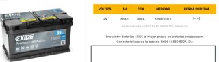 Batería Exide Premium EA852 12V 85Ah 800A