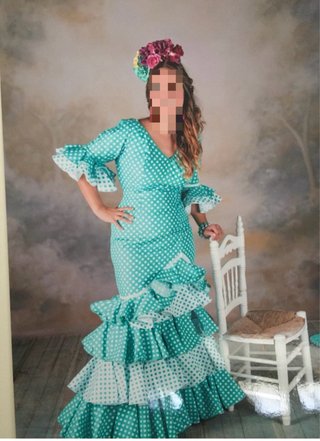 Vestido Flamenca Verde Agua Lunares Blancos