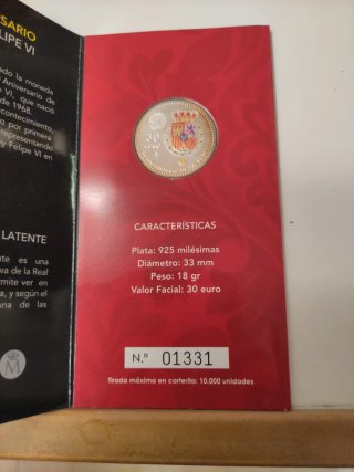 Moneda 30 Euros Plata Ley Felipe VI