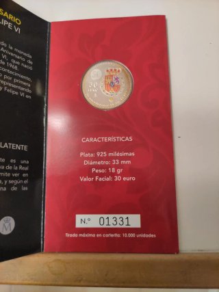 Moneda 30 Euros Plata Ley Felipe VI