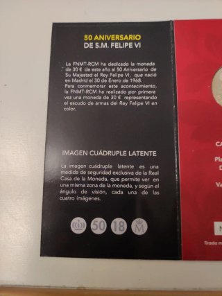 Moneda 30 Euros Plata Ley Felipe VI
