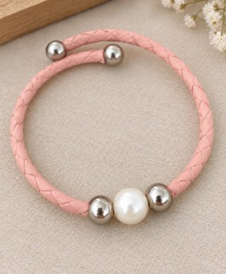 Pulsera rosa trenzada con perla y bolas
