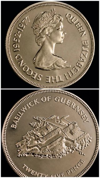 Moneda 25 Peniques Guernsey 1977 Reina Isabel