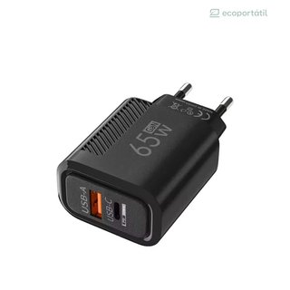 Cargador GaN 65W USB-C USB-A con carga rápida PD y QC3.0 Negro