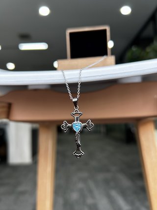 Colgante Cruz Plata 925 Corazón Cristal Azul