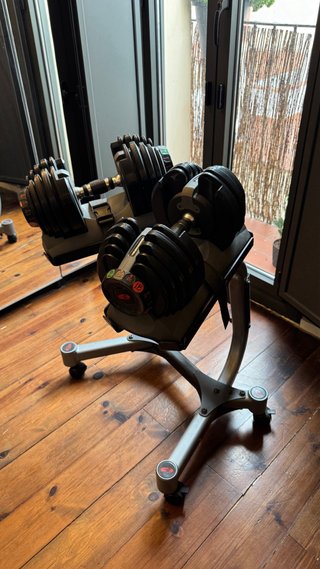 Mancuernas Bowflex Selectech 21kg con soporte