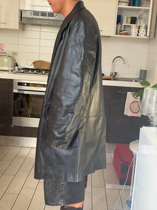 Cappotto lungo in pelle uomo nero vintage giacca
