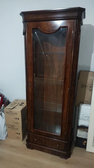 Espejo antiguo madera cerezo y cristal, vitrina