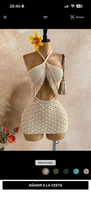 Vestido beige crochet con flecos