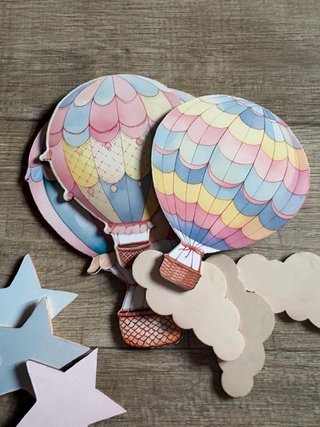 9 Decorazioni Legno Mongolfiere Stelle Nuvole