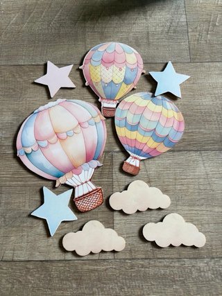 9 Decorazioni Legno Mongolfiere Stelle Nuvole