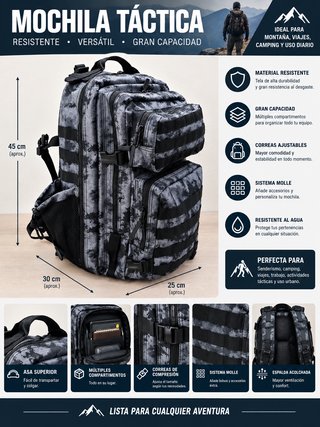 MOCHILA 50 LITROS TACTICA MILITAR CAMUFLAJE GRIS -