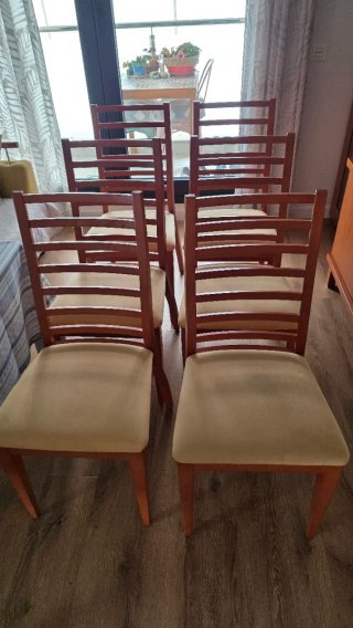 Mesa comedor cristal con metal y 6 sillas madera