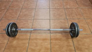 Barra de pesas con discos y protector.