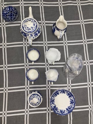 Juego té vintage azul y blanco