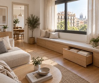 Salón con banco y almacenaje bajo ventana