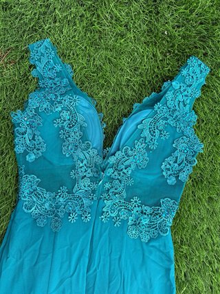 Vestido largo fiesta azul turquesa encaje