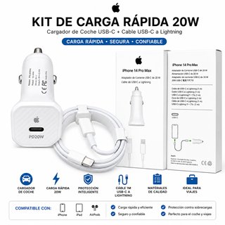 Kit Carga Rápida 20W USB-C Coche + Lightning