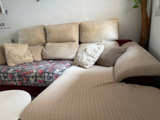 Sofá cama modular tela beige y rojo
