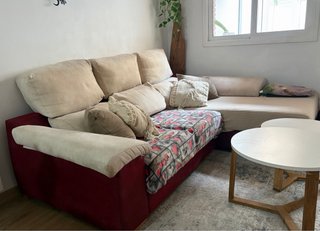 Sofá cama modular tela beige y rojo
