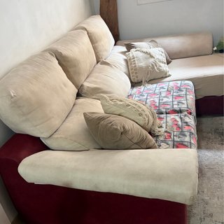 Sofá cama modular tela beige y rojo