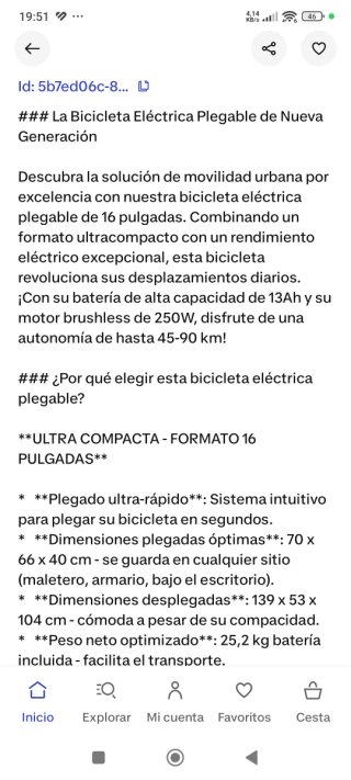 Bicicleta Eléctrica Urbana Plegable