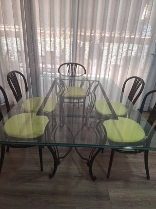 Mesa comedor cristal y hierro forjado