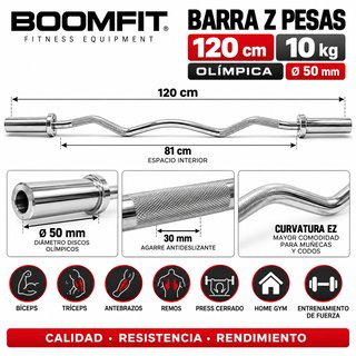 Barra Z Pesas BOOMFIT 120cm 10kg Olímpica