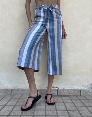 Pantaloni culotte a righe azzurre e beige