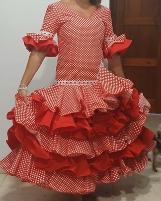 Traje Flamenca Niña Rojo Lunares Blanco Talla 9-10