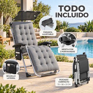 Tumbona reclinable plegable con parasol y cojin