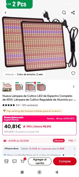 2 Lámparas Cultivo LED Espectro Completo 45W