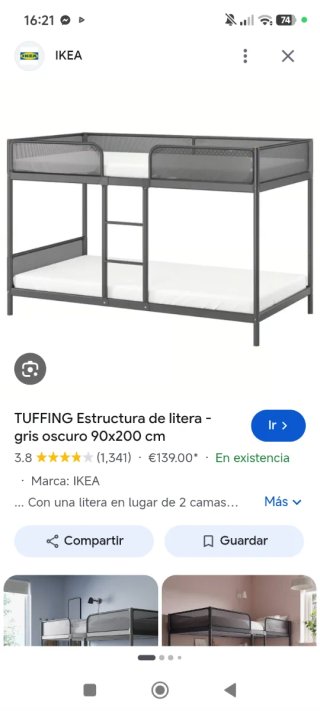 Litera metálica gris IKEA 90x200 cm sin colchones
