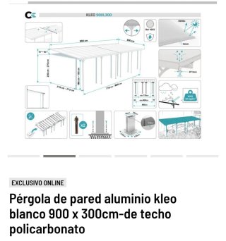 Pérgola de pared aluminio Kleo 900x300cm