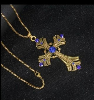 Collar Cruz Grande dorada vintage azul