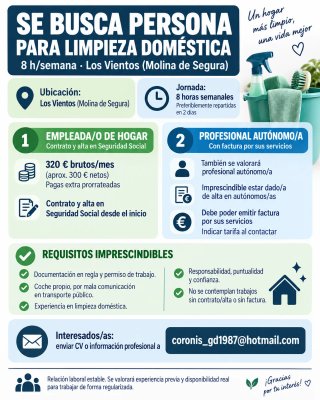 Empleada de hogar – 8 h/sem– Los Vientos. Molina