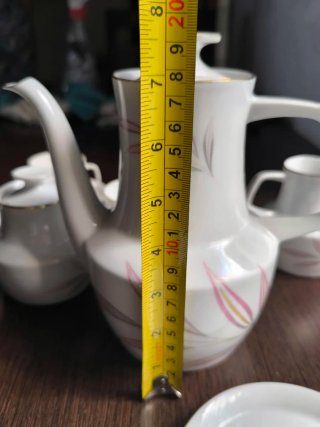 Juego de café porcelana blanco y rosa, 5 servicios