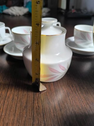 Juego de café porcelana blanco y rosa, 5 servicios