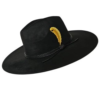 Sombrero Fedora Negro Ala Ancha Pluma Dorada Gold