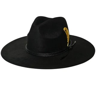 Sombrero Fedora Negro Ala Ancha Pluma Dorada Gold
