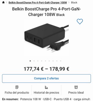 Belkin Cargador 108W 4 Puertos GaN Negro