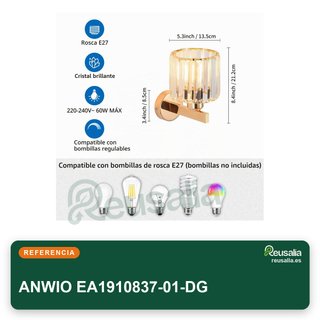 ANWIO aplique pared cristal e27 dorado