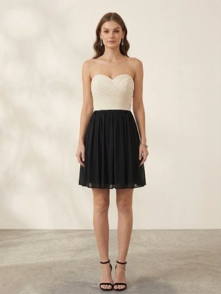 Vestido palabra de honor beige y negro