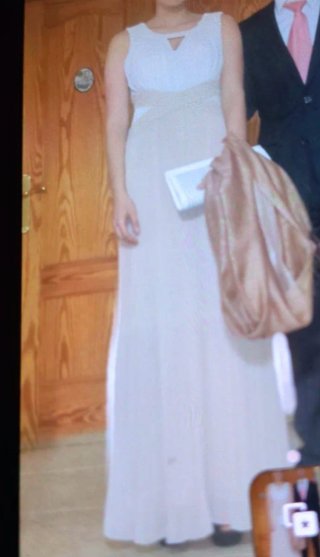 Vestido largo fiesta boda perlas beige blanco