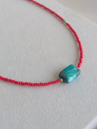 Collar Cuentas Rojas Piedra Natural Azul