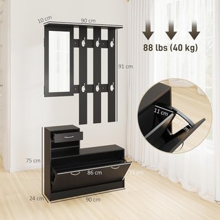 Conjunto de Muebles de Entrada Moderno con Zapatero y Espejo, Perchero de Entrada con 6 Ganchos, 2 Estantes Ajustables y Cajones de Madera para Pasillo, 90X24X177 Cm, Negro