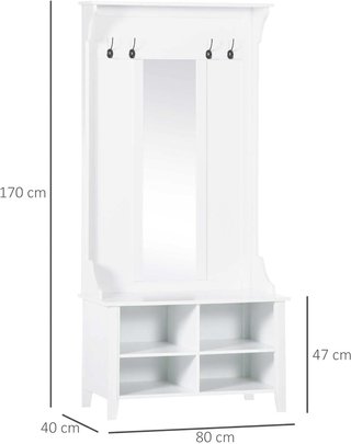 Perchero de Pie con Espejo Zapatero 4 Ganchos Madera 80X40X170Cm Blanco