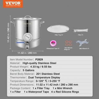 Hervidor de Acero Inoxidable, Olla de Cerveza de 18.9 L, Fondo de Tres Capas para Cerveza, Olla de Elaboración de Cerveza, Suministros para Elaboración de Cerveza Incluye Tapa, Mango, Termómetro, ...